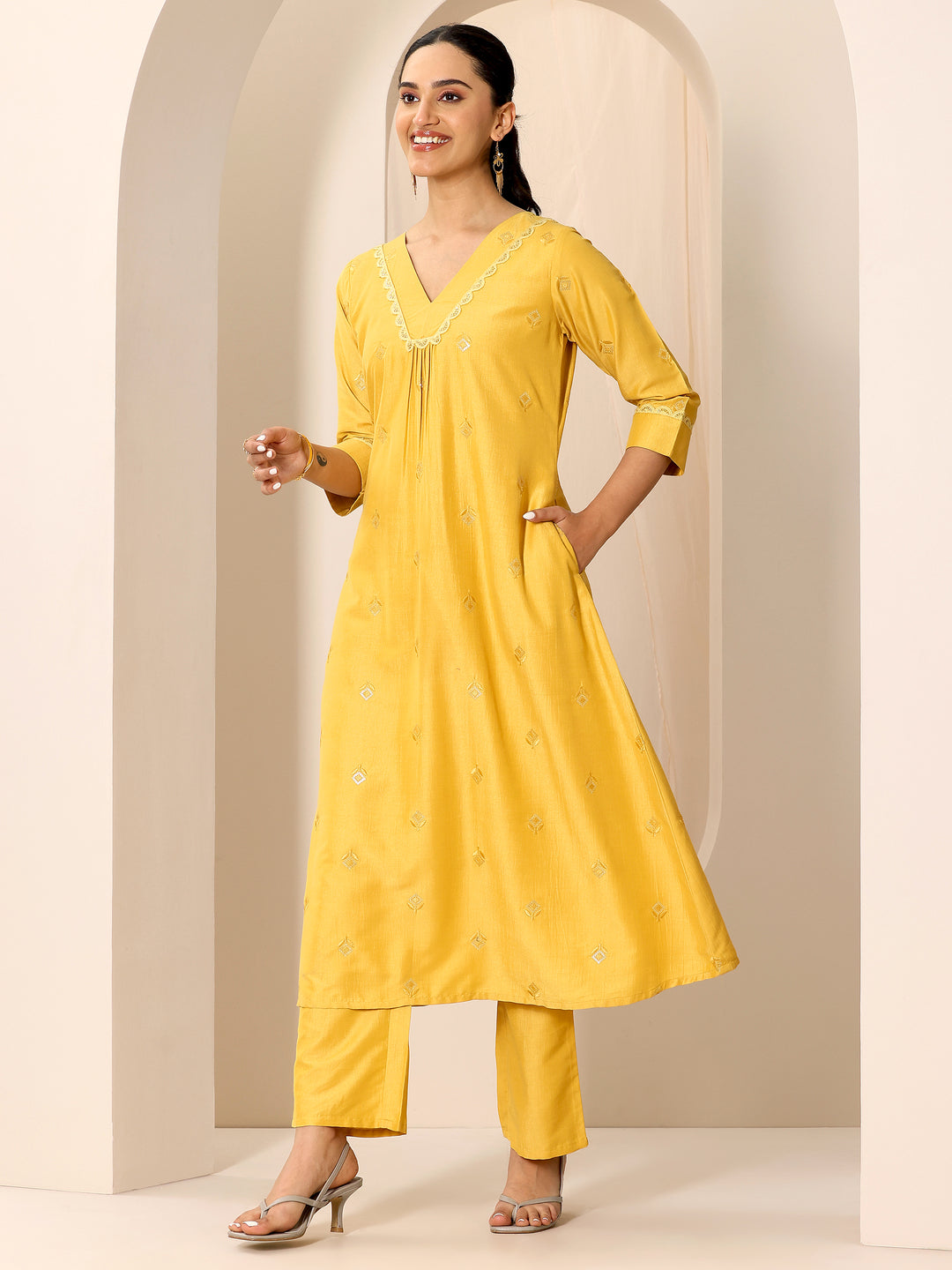  Yellow Embroidered Silk Blend A-Line Kurta Set 