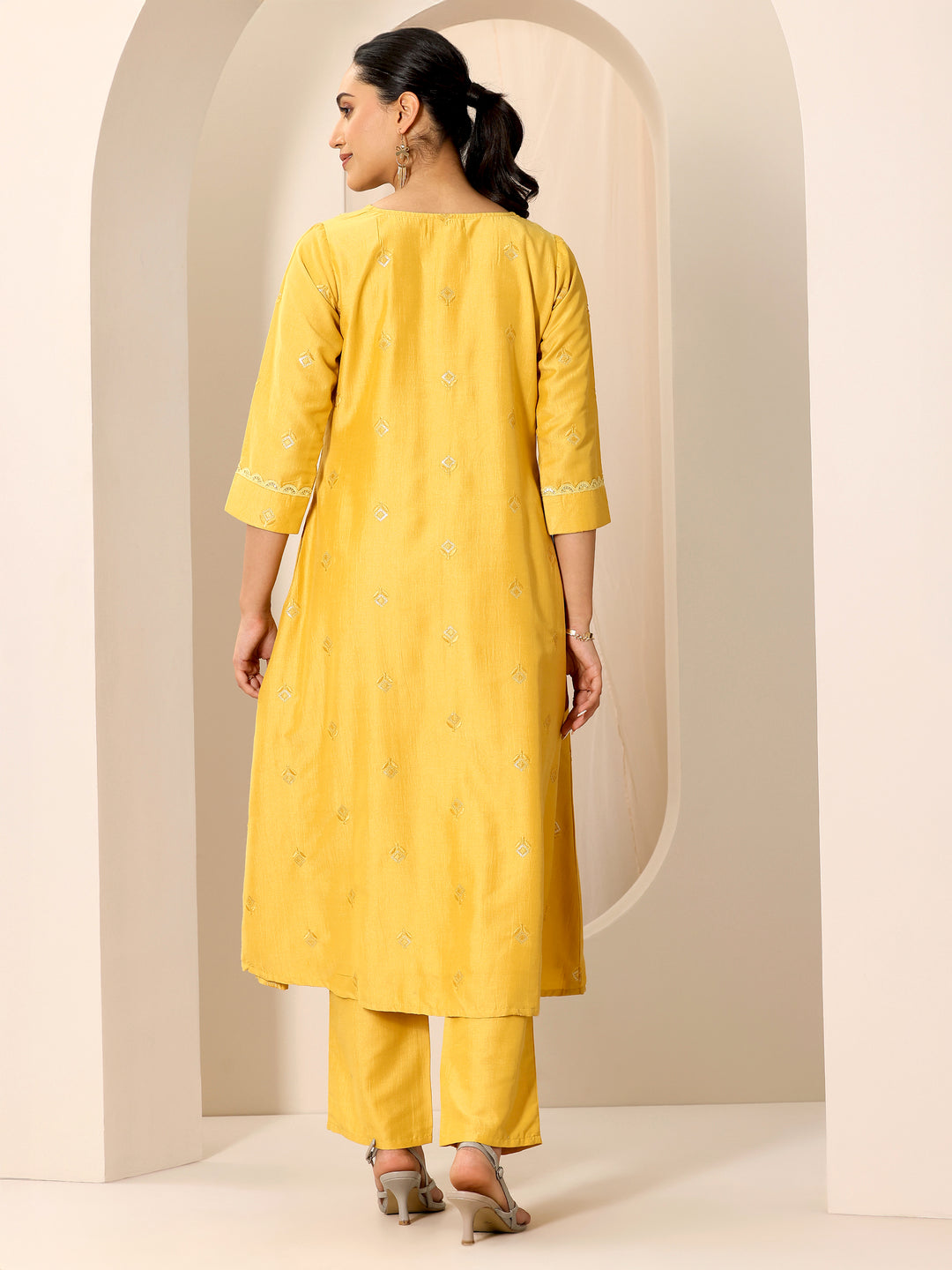  Yellow Embroidered Silk Blend A-Line Kurta Set 