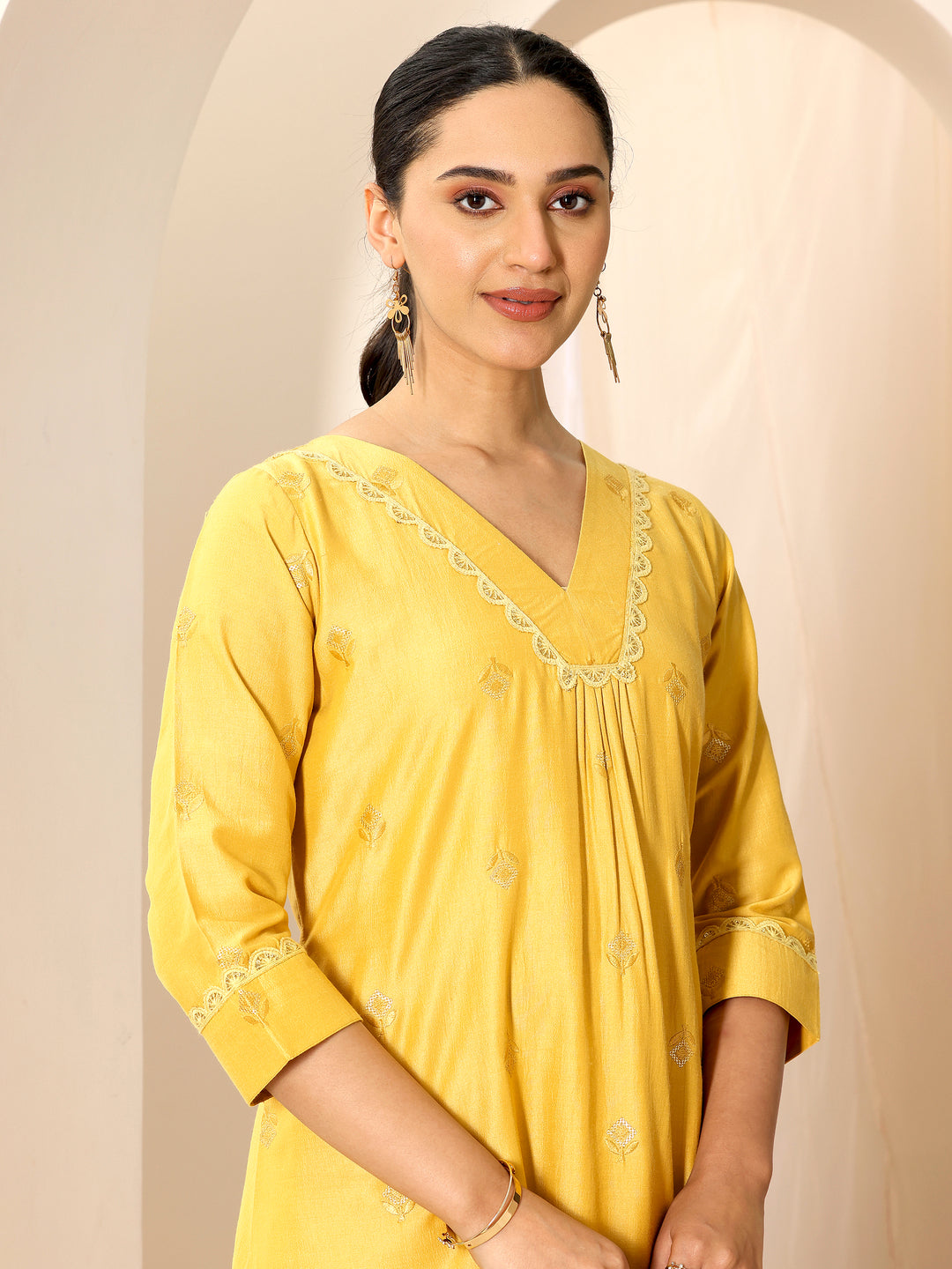  Yellow Embroidered Silk Blend A-Line Kurta Set 