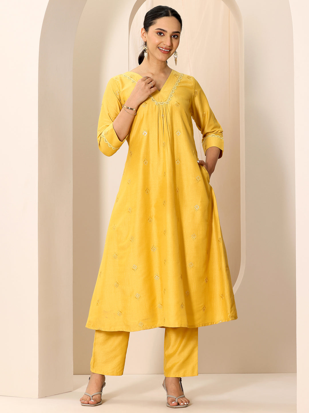  Yellow Embroidered Silk Blend A-Line Kurta Set 