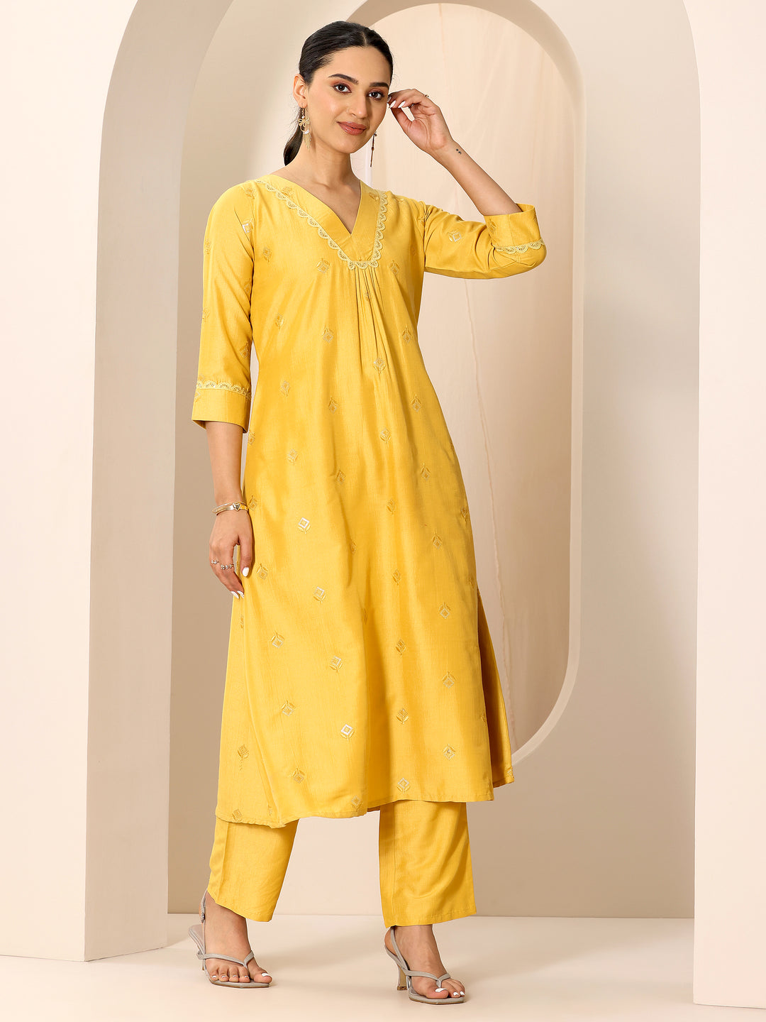  Yellow Embroidered Silk Blend A-Line Kurta Set 