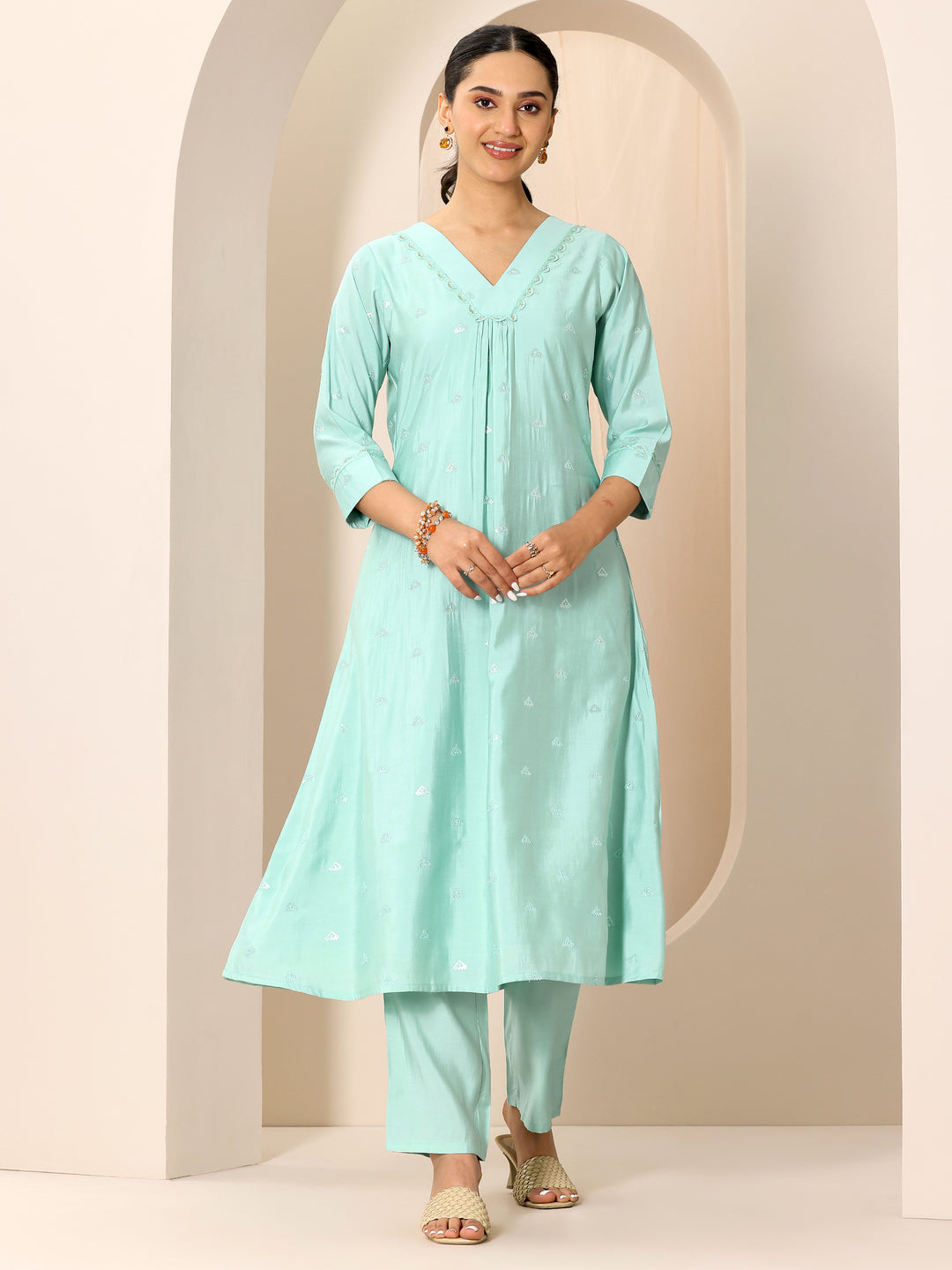  Blue Embroidered Silk Blend A-Line Kurta Set 