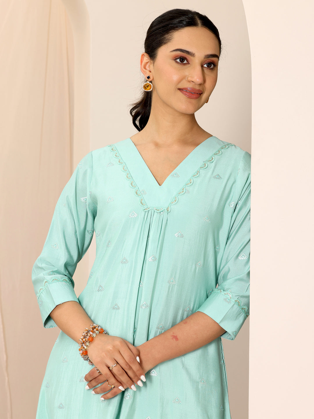  Blue Embroidered Silk Blend A-Line Kurta Set 