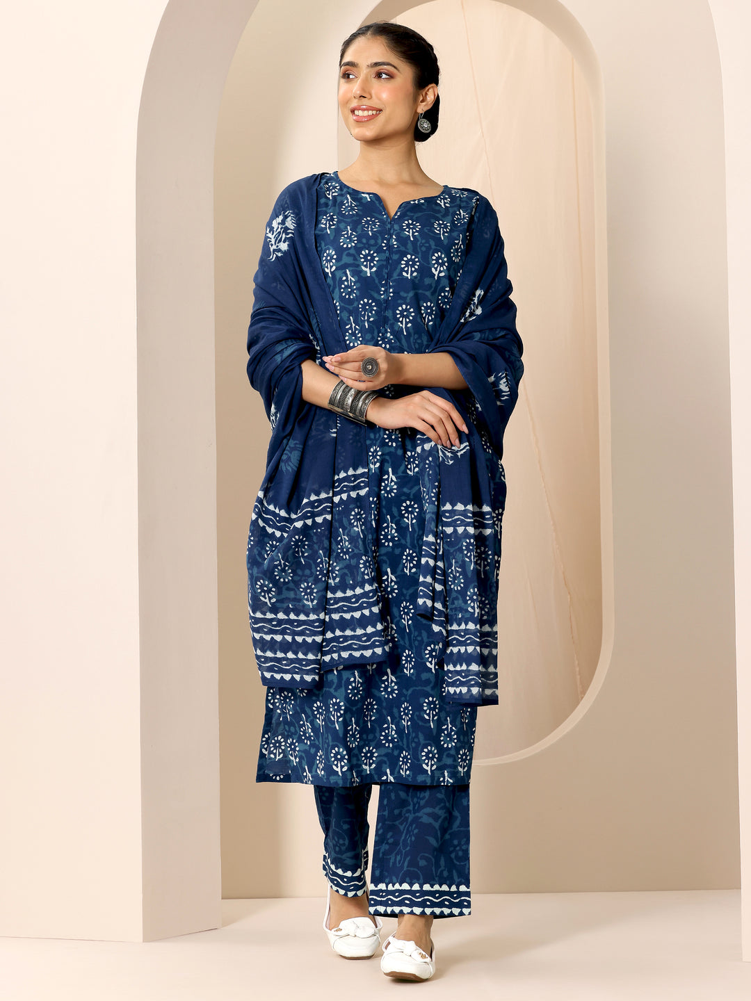  Indigo Printed Cotton Straight Suit Set With Dupatta 