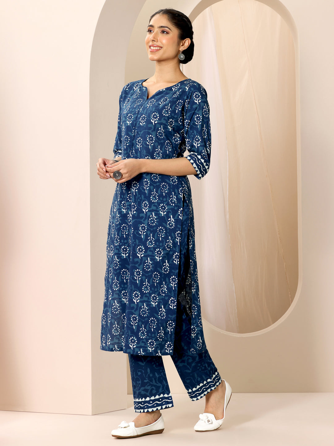  Indigo Printed Cotton Straight Suit Set With Dupatta 