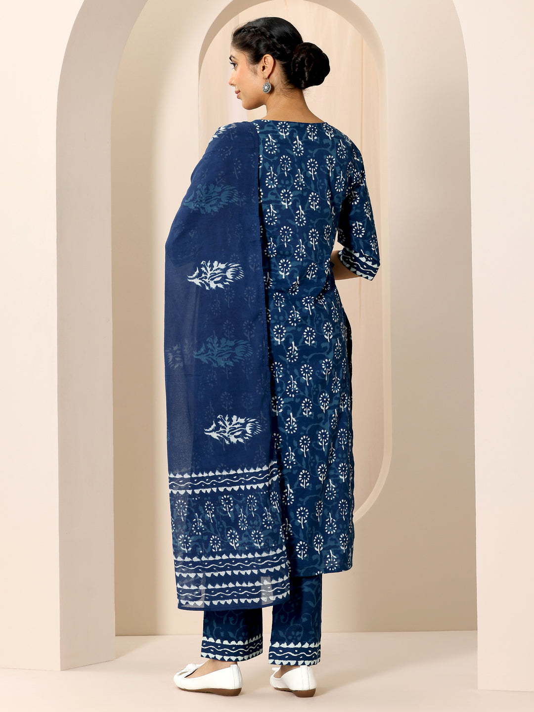  Indigo Printed Cotton Straight Suit Set With Dupatta 