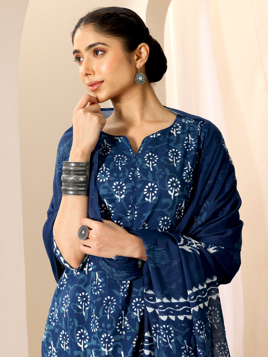 Indigo Printed Cotton Straight Suit Set With Dupatta