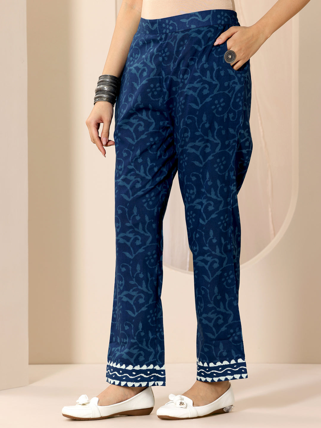  Indigo Printed Cotton Straight Suit Set With Dupatta 