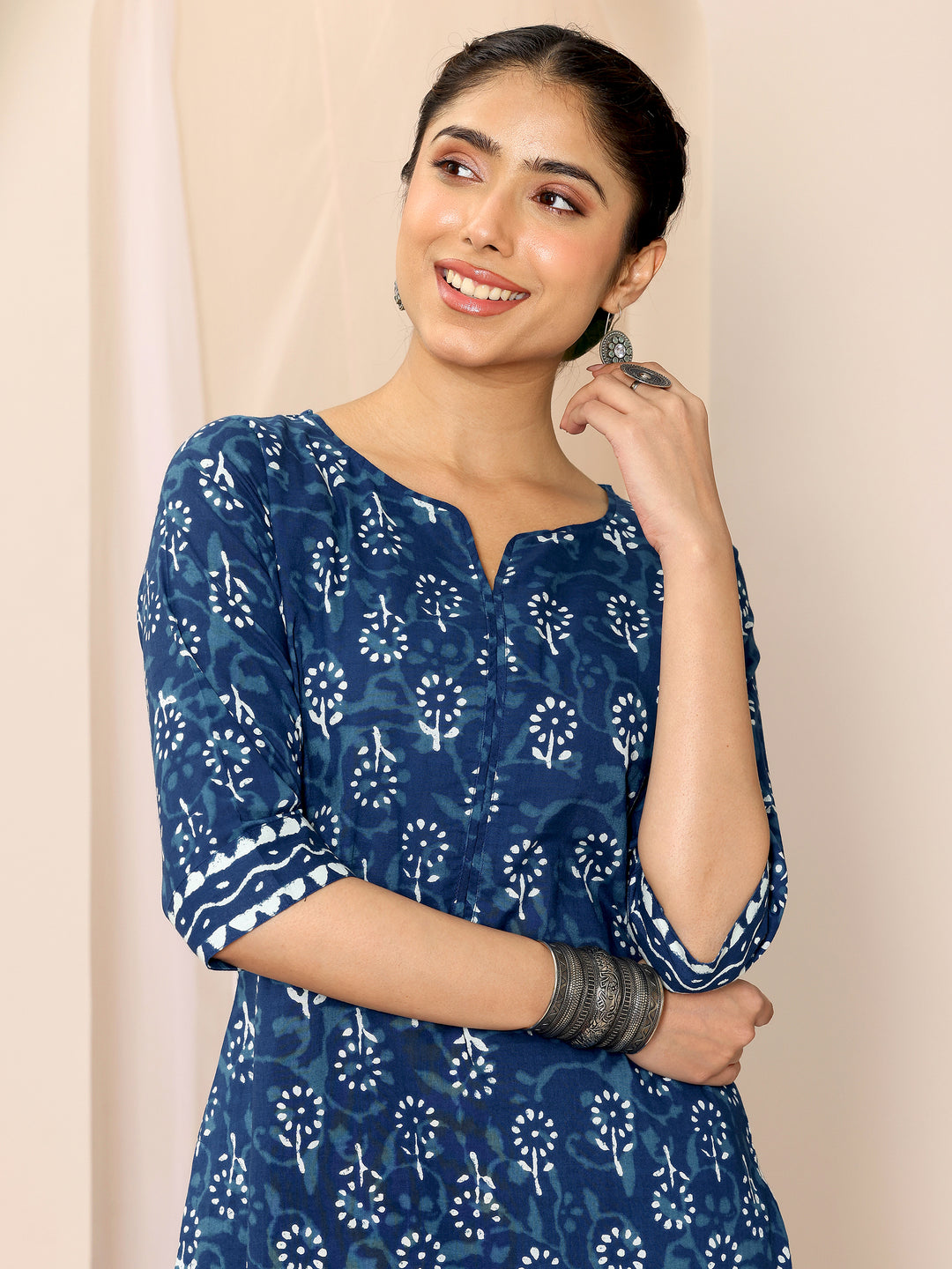  Indigo Printed Cotton Straight Suit Set With Dupatta 