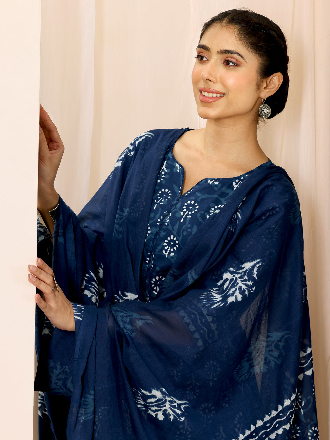  Indigo Printed Cotton Straight Suit Set With Dupatta 