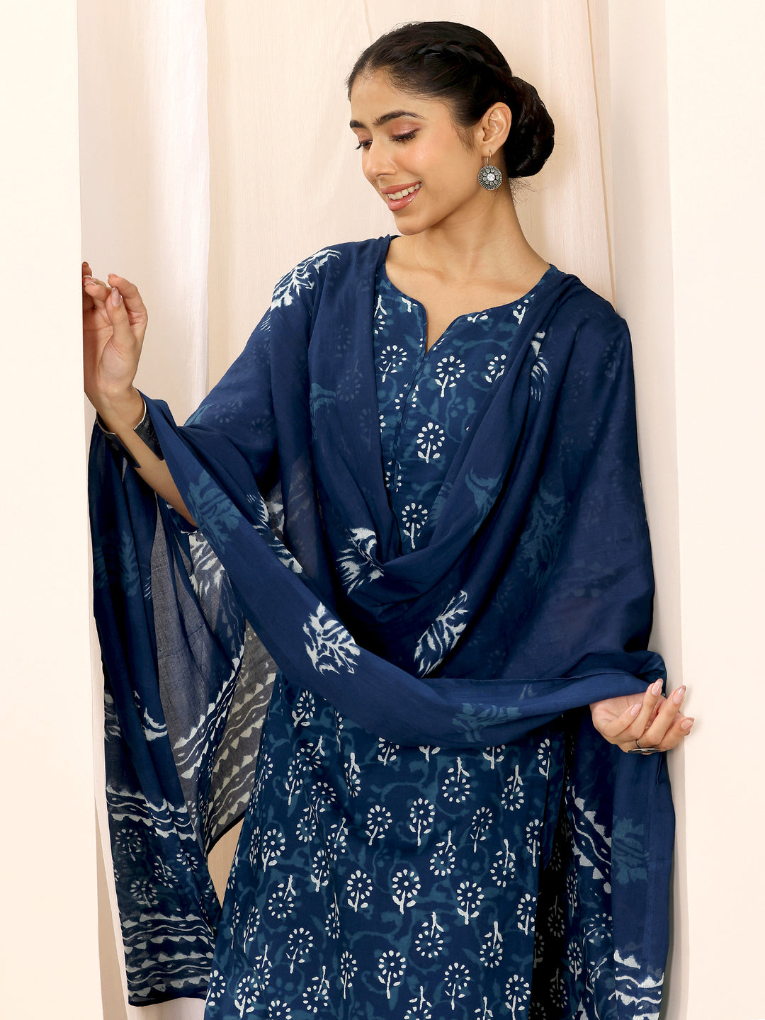  Indigo Printed Cotton Straight Suit Set With Dupatta 