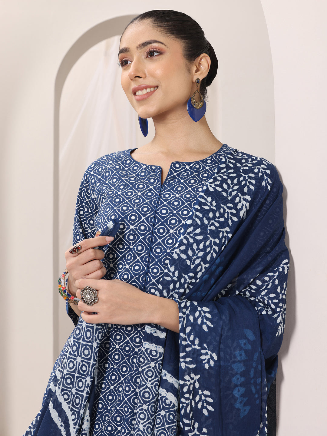  Indigo Printed Cotton Straight Suit Set With Dupatta 