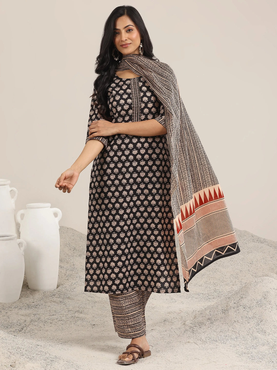  Black Printed Cotton Straight Suit With Dupatta 