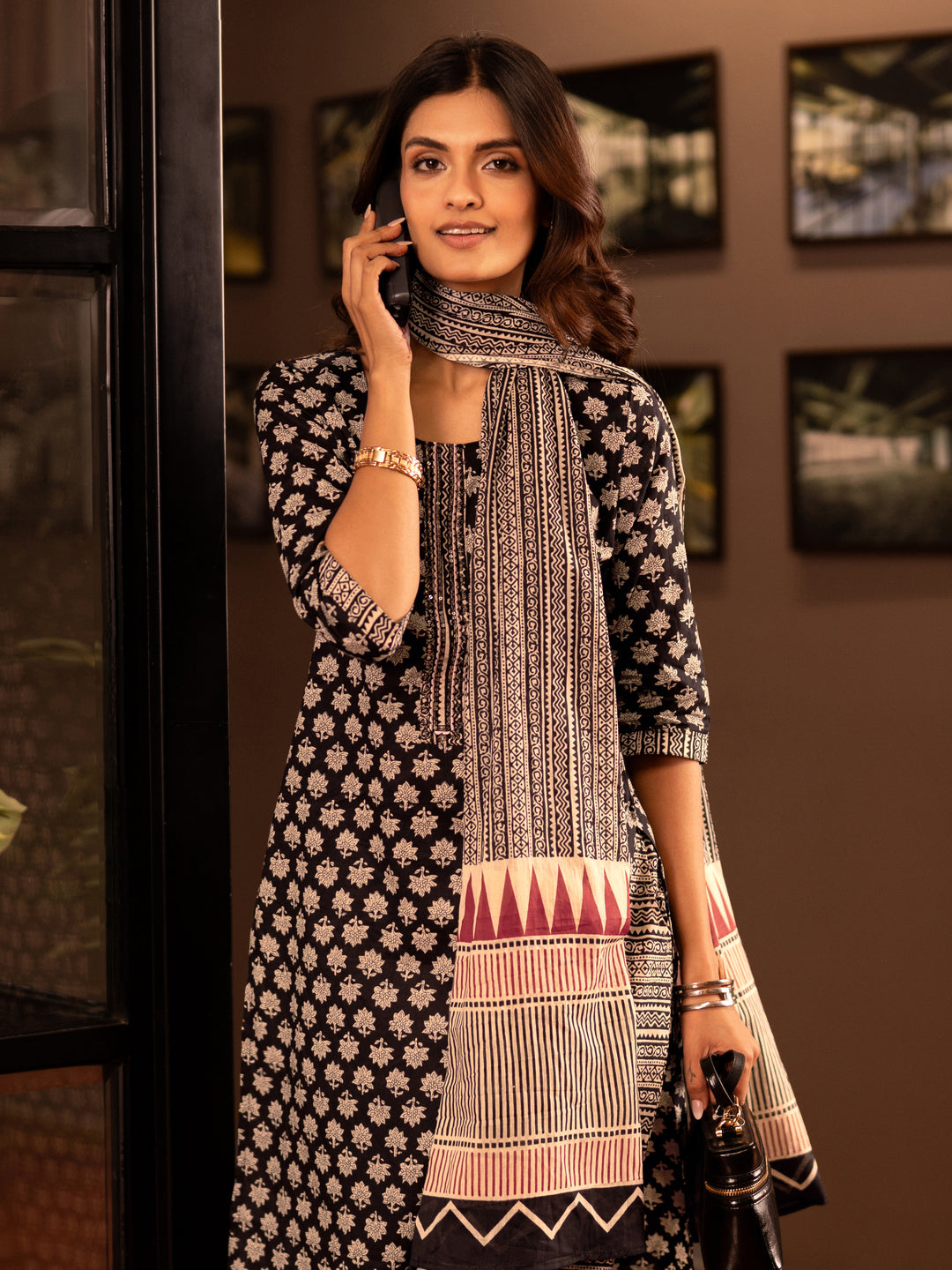  Black Printed Cotton Straight Suit With Dupatta 