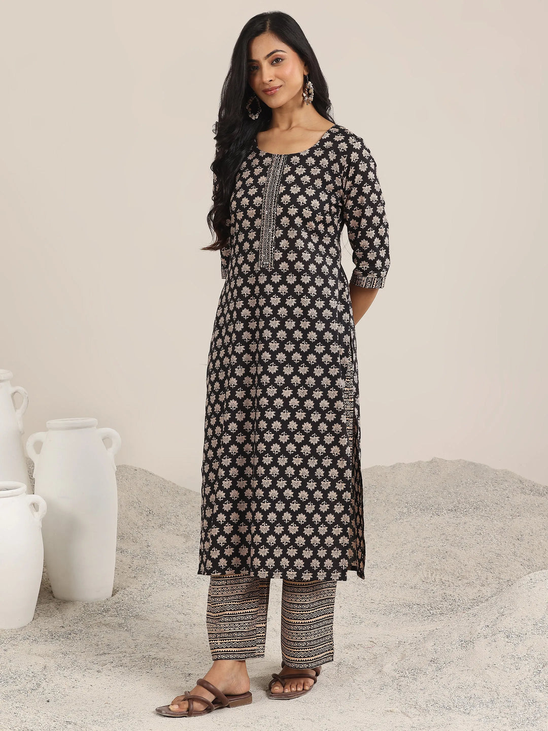  Black Printed Cotton Straight Suit With Dupatta 