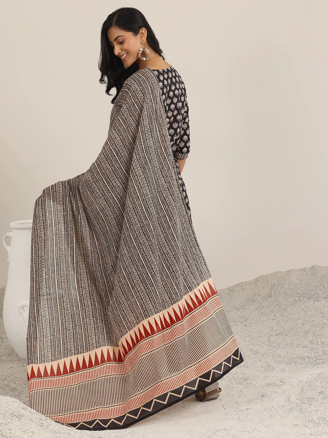  Black Printed Cotton Straight Suit With Dupatta 