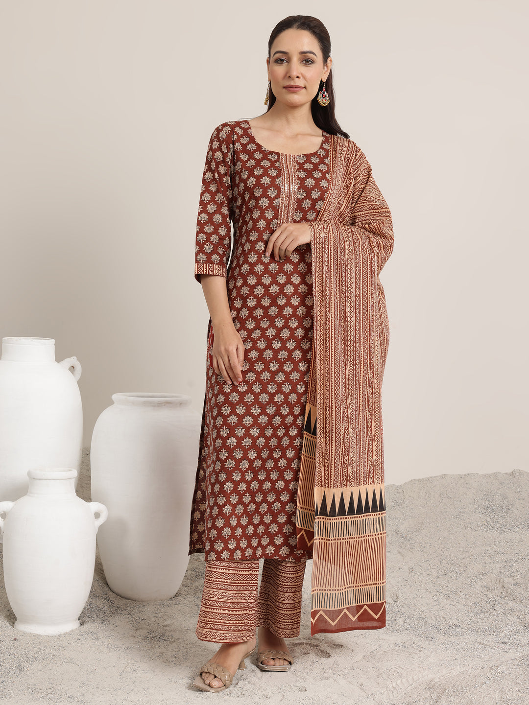  Maroon Printed Cotton Straight Suit Set With Dupatta 