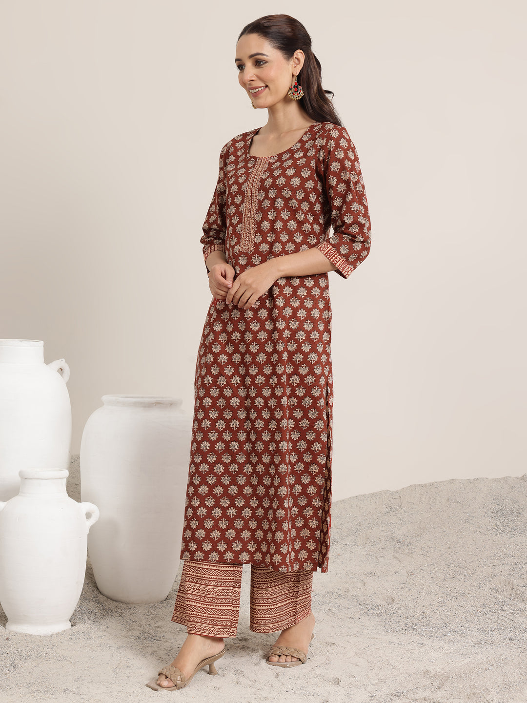  Maroon Printed Cotton Straight Suit Set With Dupatta 