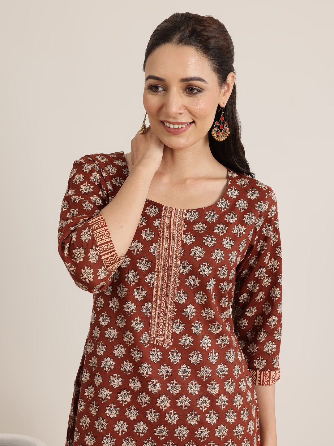  Maroon Printed Cotton Straight Suit Set With Dupatta 