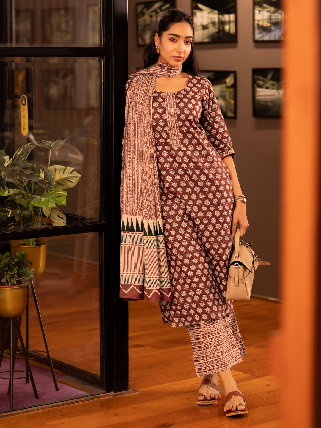  Maroon Printed Cotton Straight Suit Set With Dupatta 