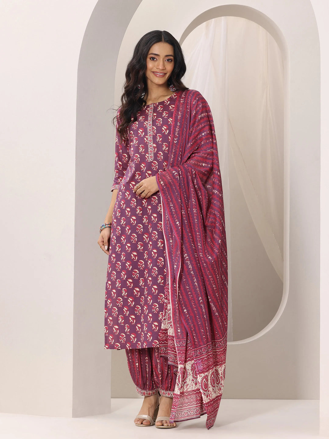  Mauve Printed Cotton Straight Suit Set With Dupatta 