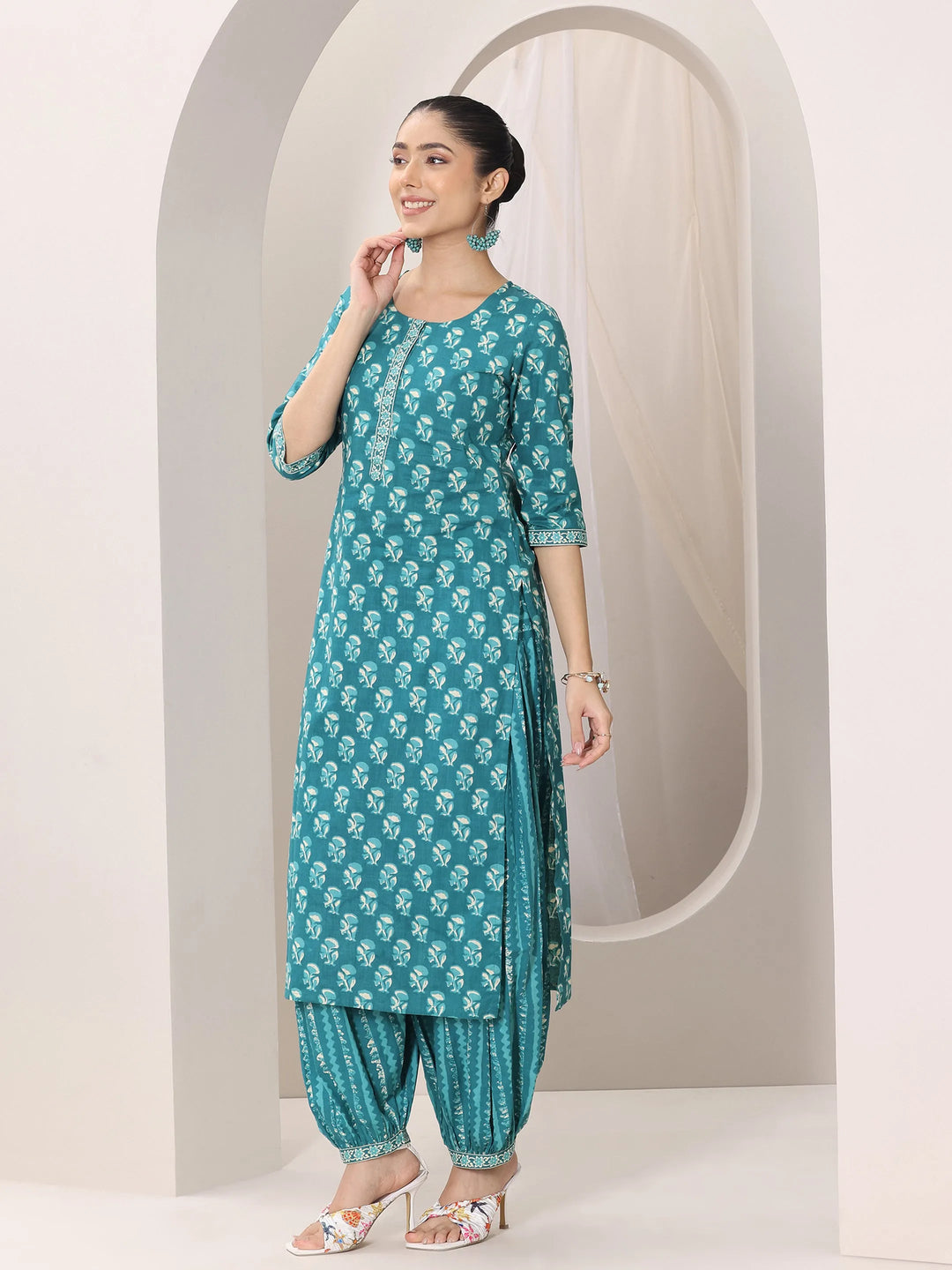  Teal Printed Cotton Straight Suit Set With Dupatta 