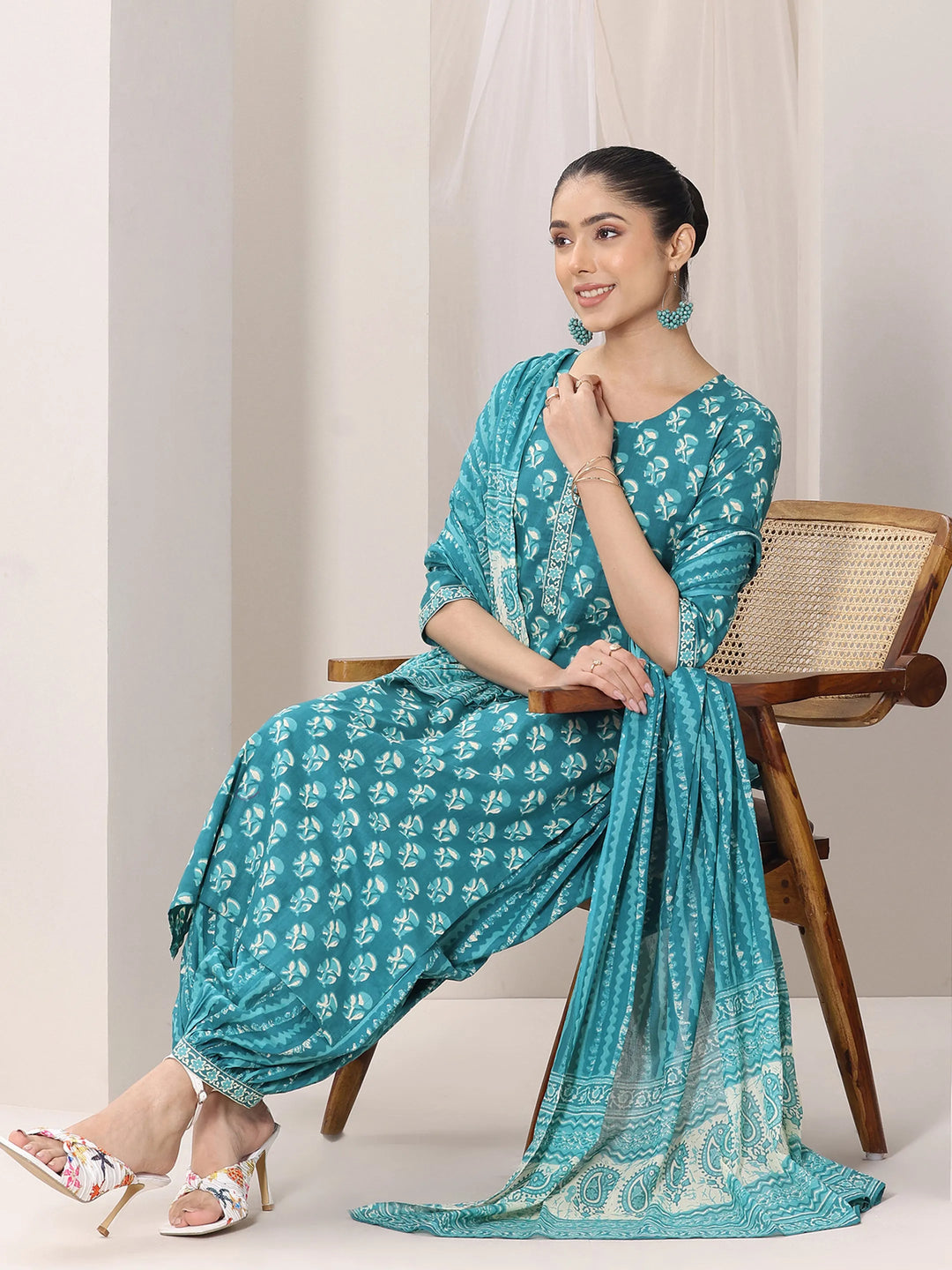  Teal Printed Cotton Straight Suit Set With Dupatta 