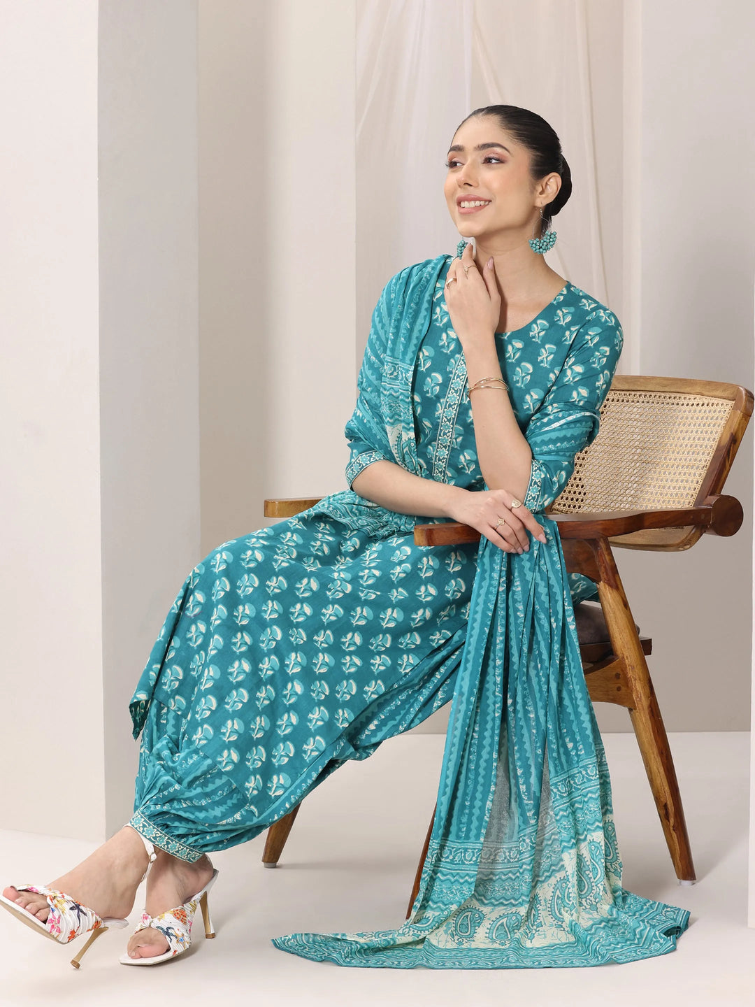  Teal Printed Cotton Straight Suit Set With Dupatta 