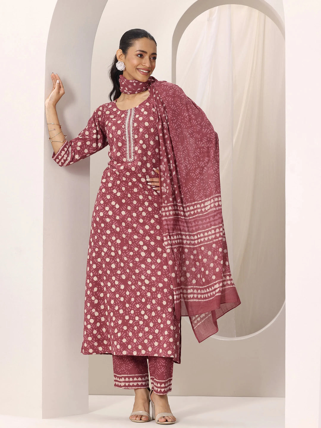 Rust Printed Cotton Straight Suit Set With Dupatta