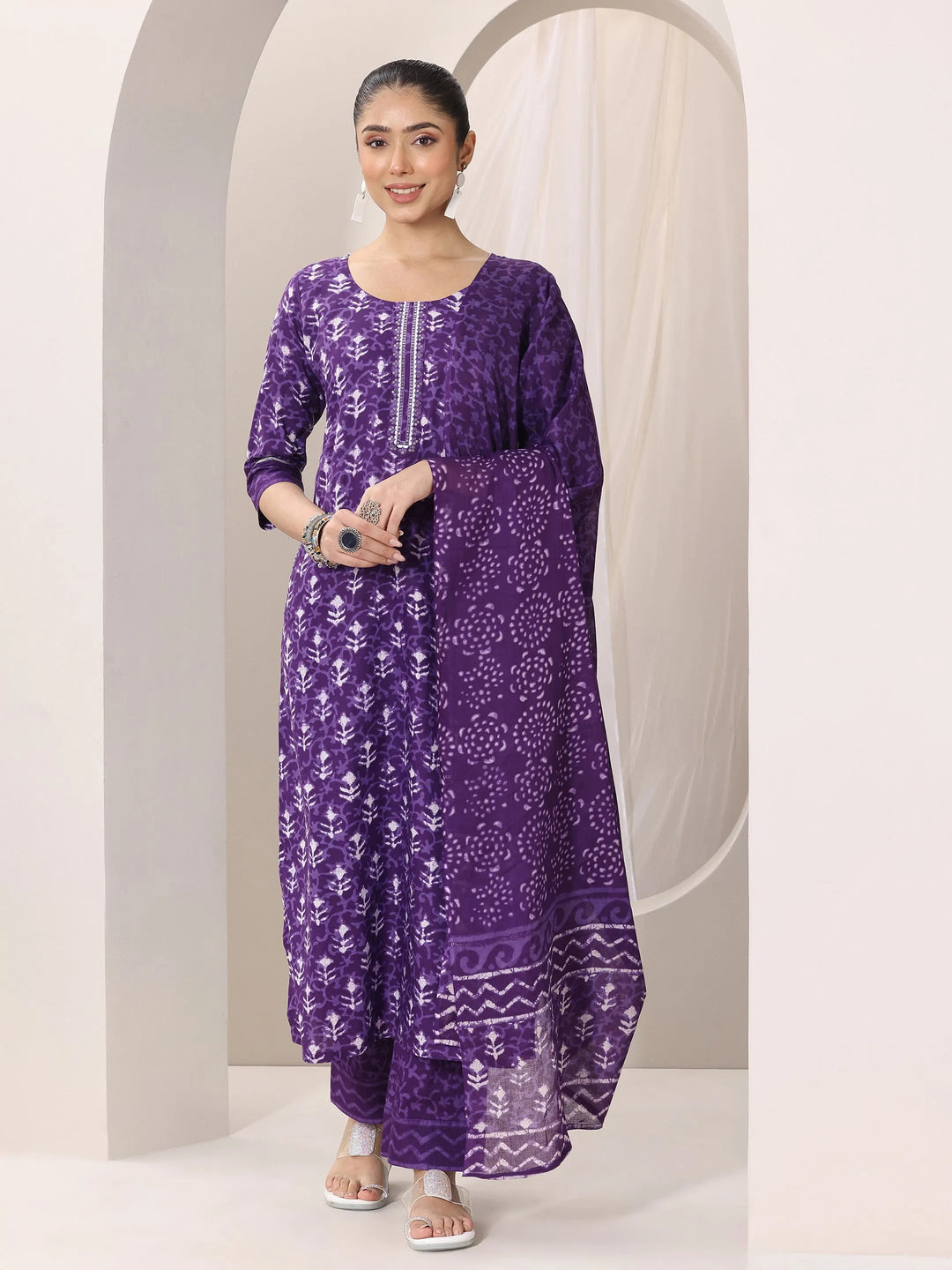  Purple Printed Cotton Straight Suit Set With Dupatta 