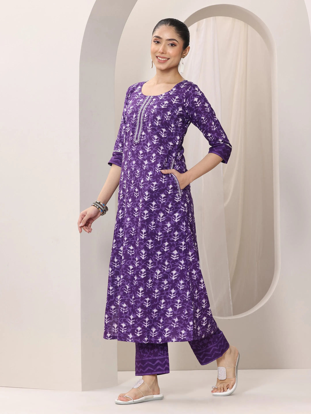  Purple Printed Cotton Straight Suit Set With Dupatta 