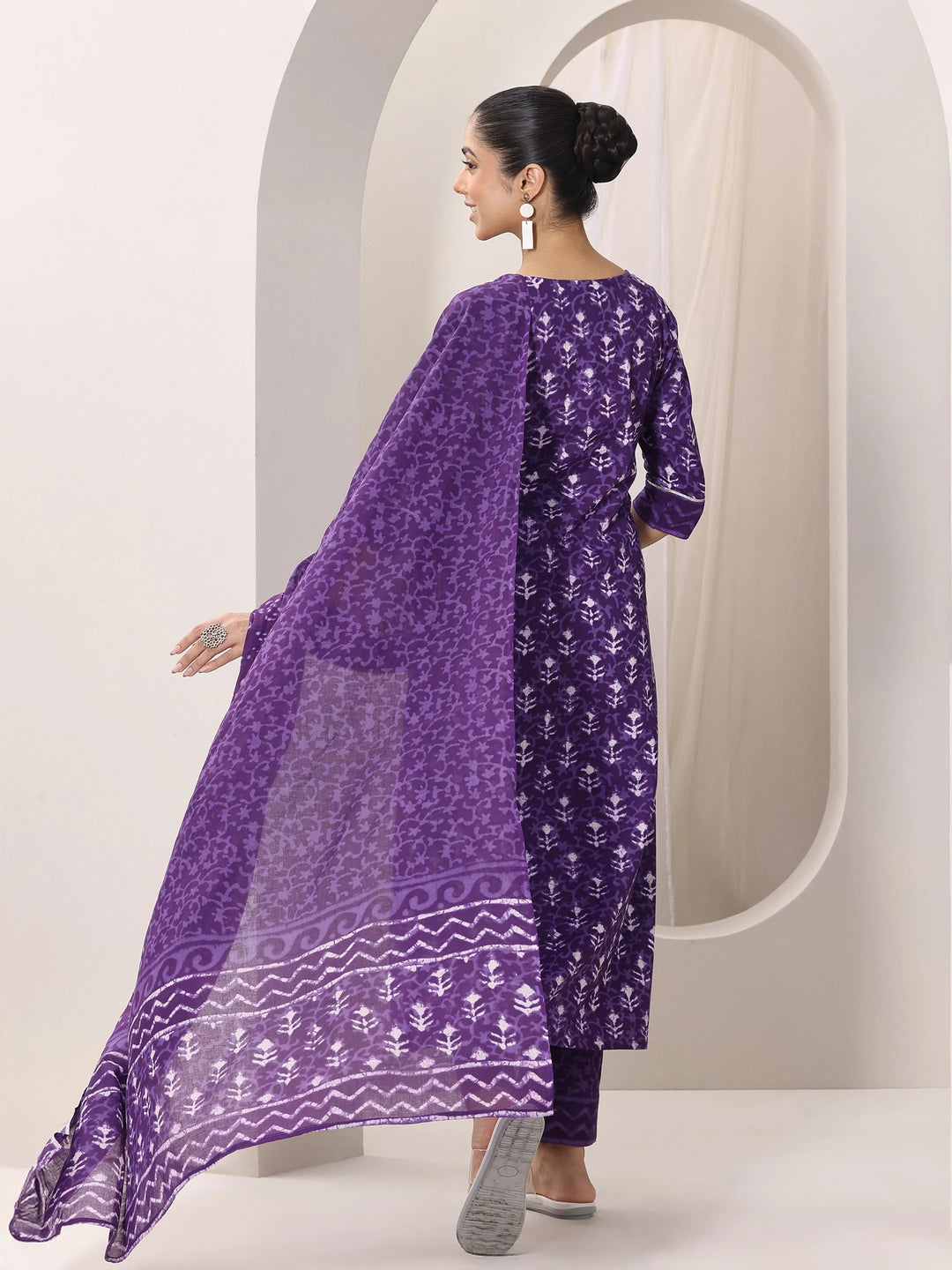  Purple Printed Cotton Straight Suit Set With Dupatta 