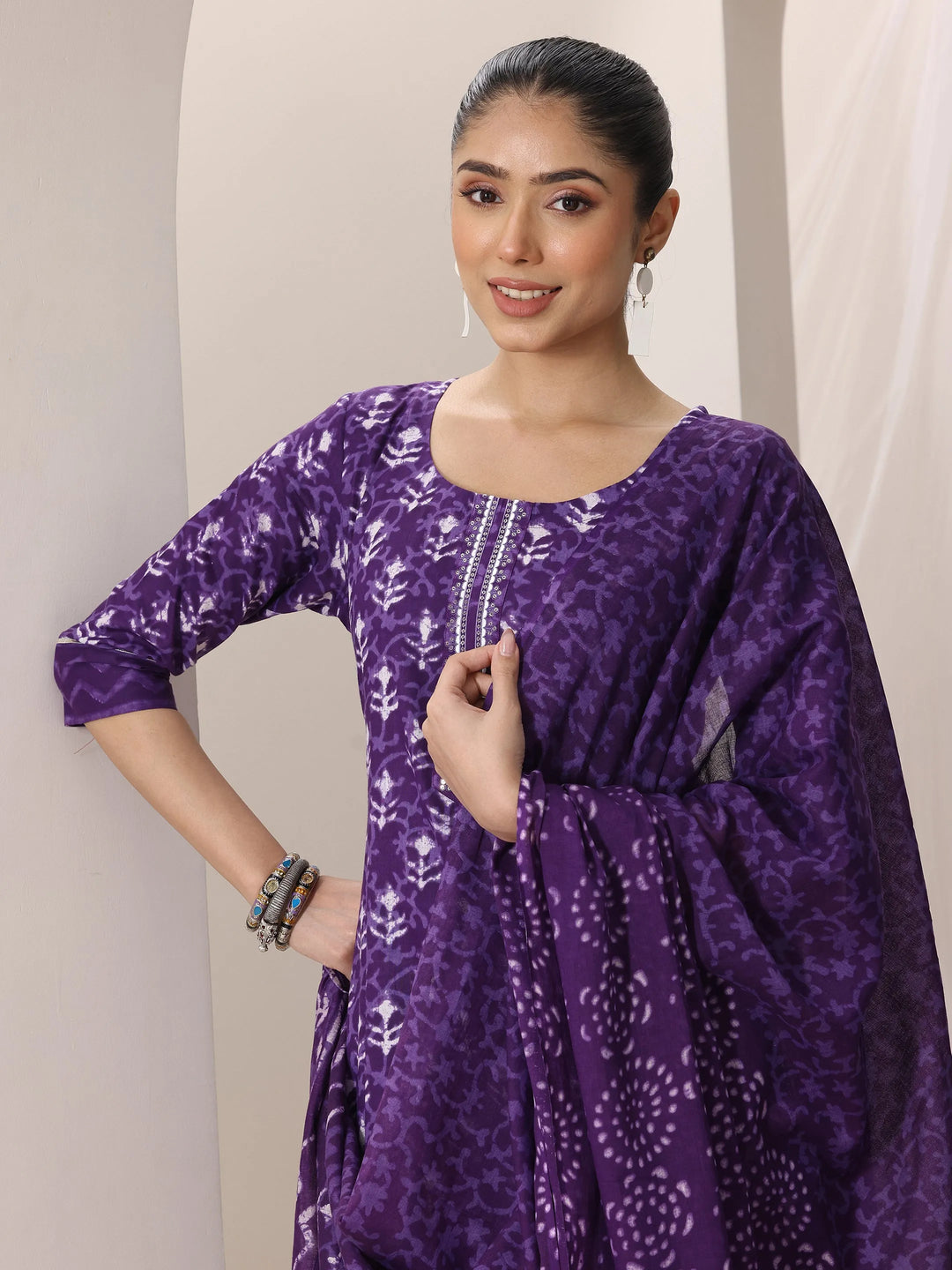  Purple Printed Cotton Straight Suit Set With Dupatta 