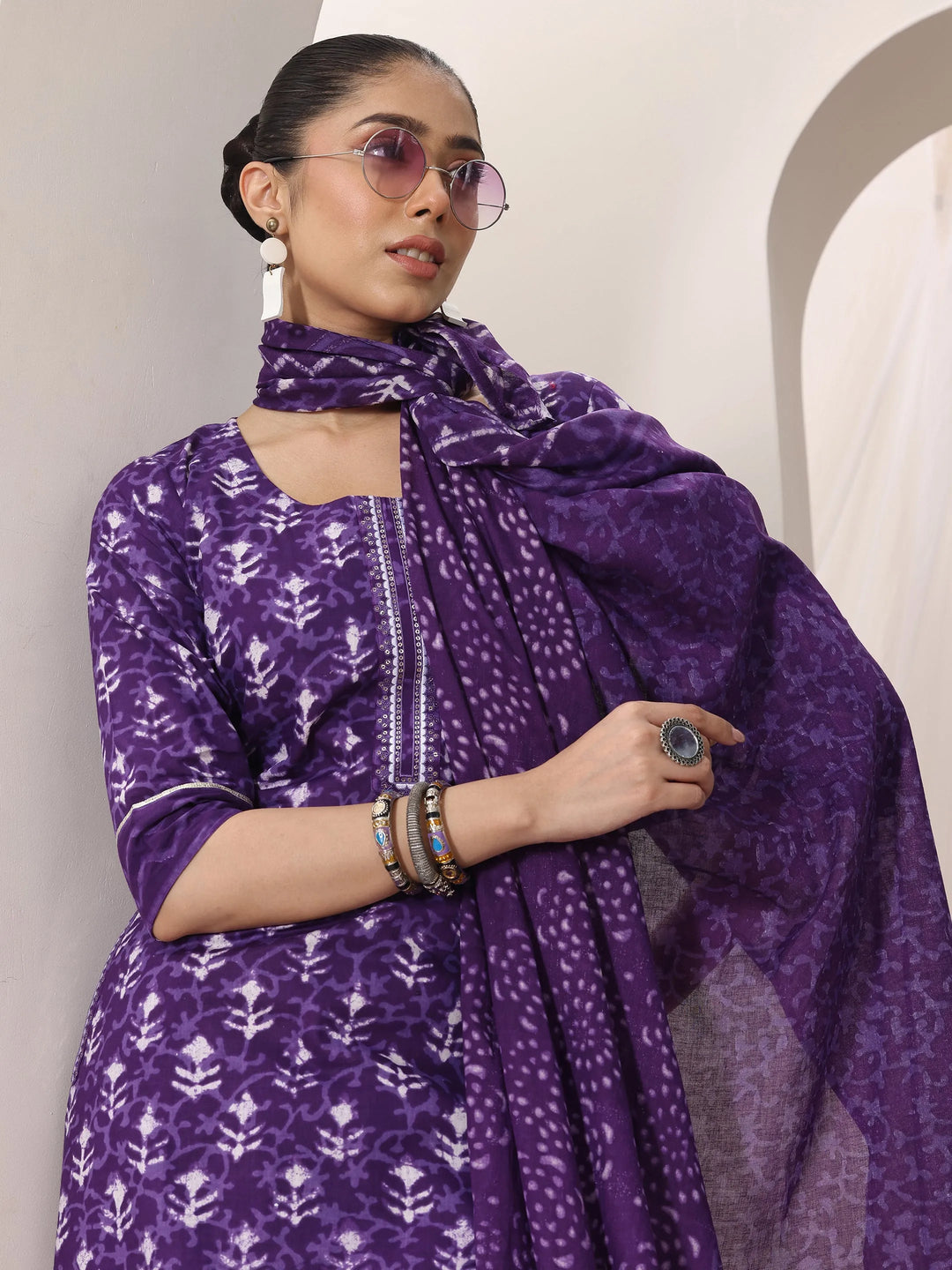 Purple Printed Cotton Straight Suit Set With Dupatta