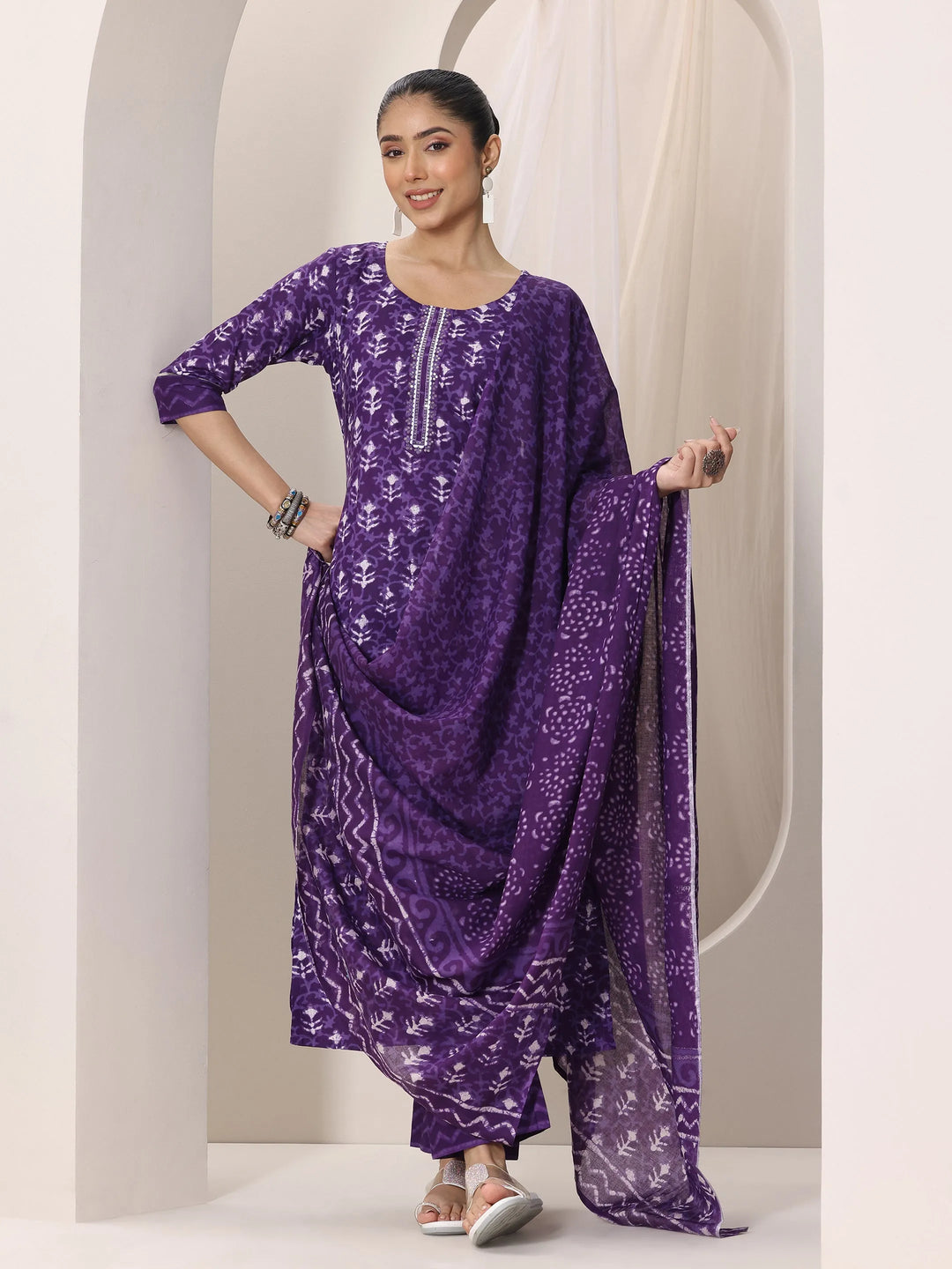  Purple Printed Cotton Straight Suit Set With Dupatta 