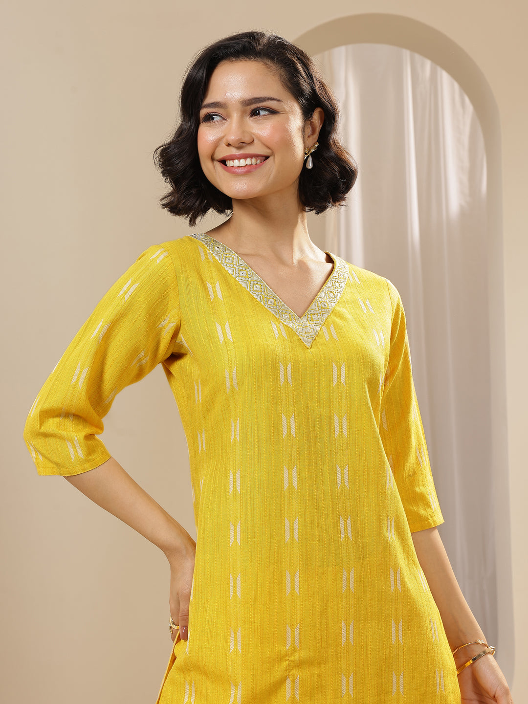  Yellow Self Design Cotton Blend Straight Suit Sets With Dupatta 