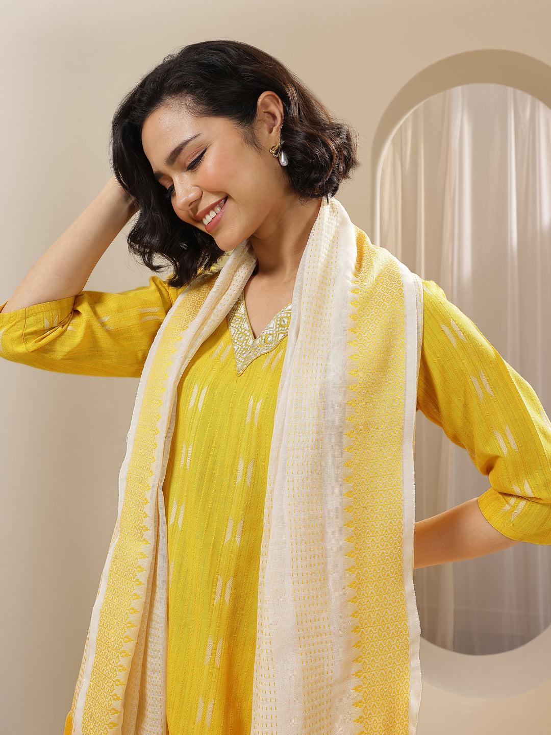  Yellow Self Design Cotton Blend Straight Suit Sets With Dupatta 