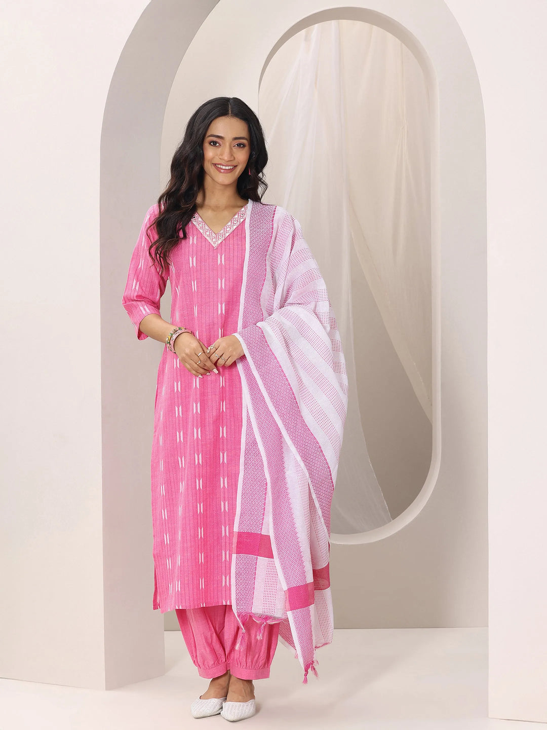  Pink Woven Design Cotton Blend Straight Suit Set With Dupatta 