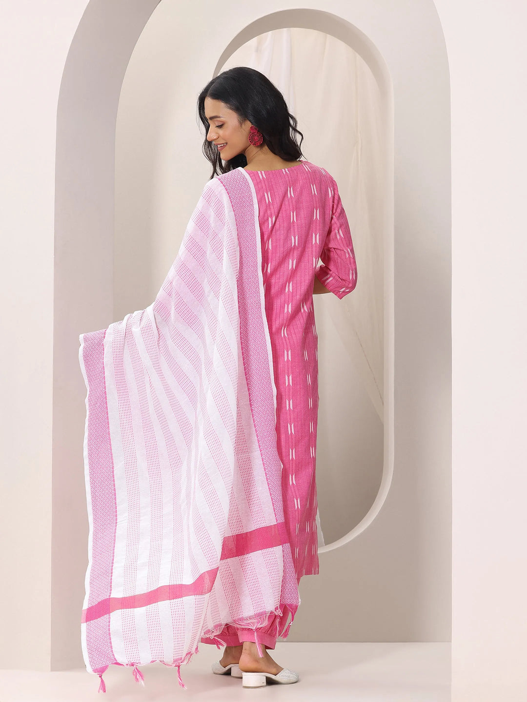  Pink Woven Design Cotton Blend Straight Suit Set With Dupatta 