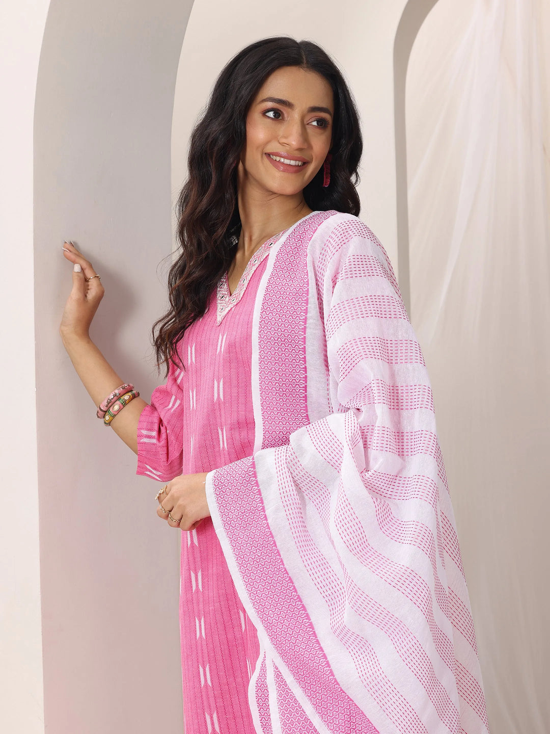  Pink Woven Design Cotton Blend Straight Suit Set With Dupatta 