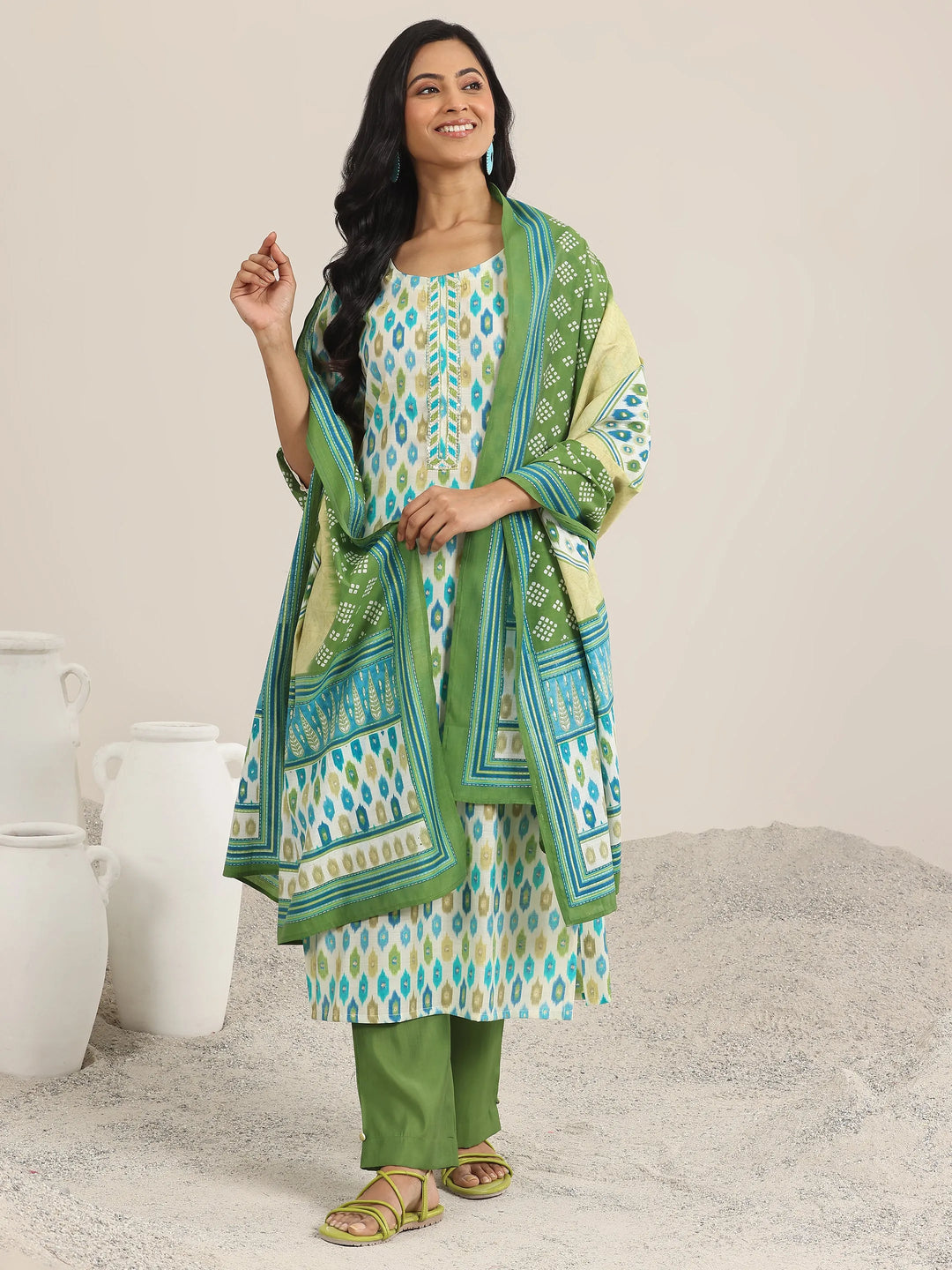  Green Printed Silk Blend Straight Suit With Dupatta 