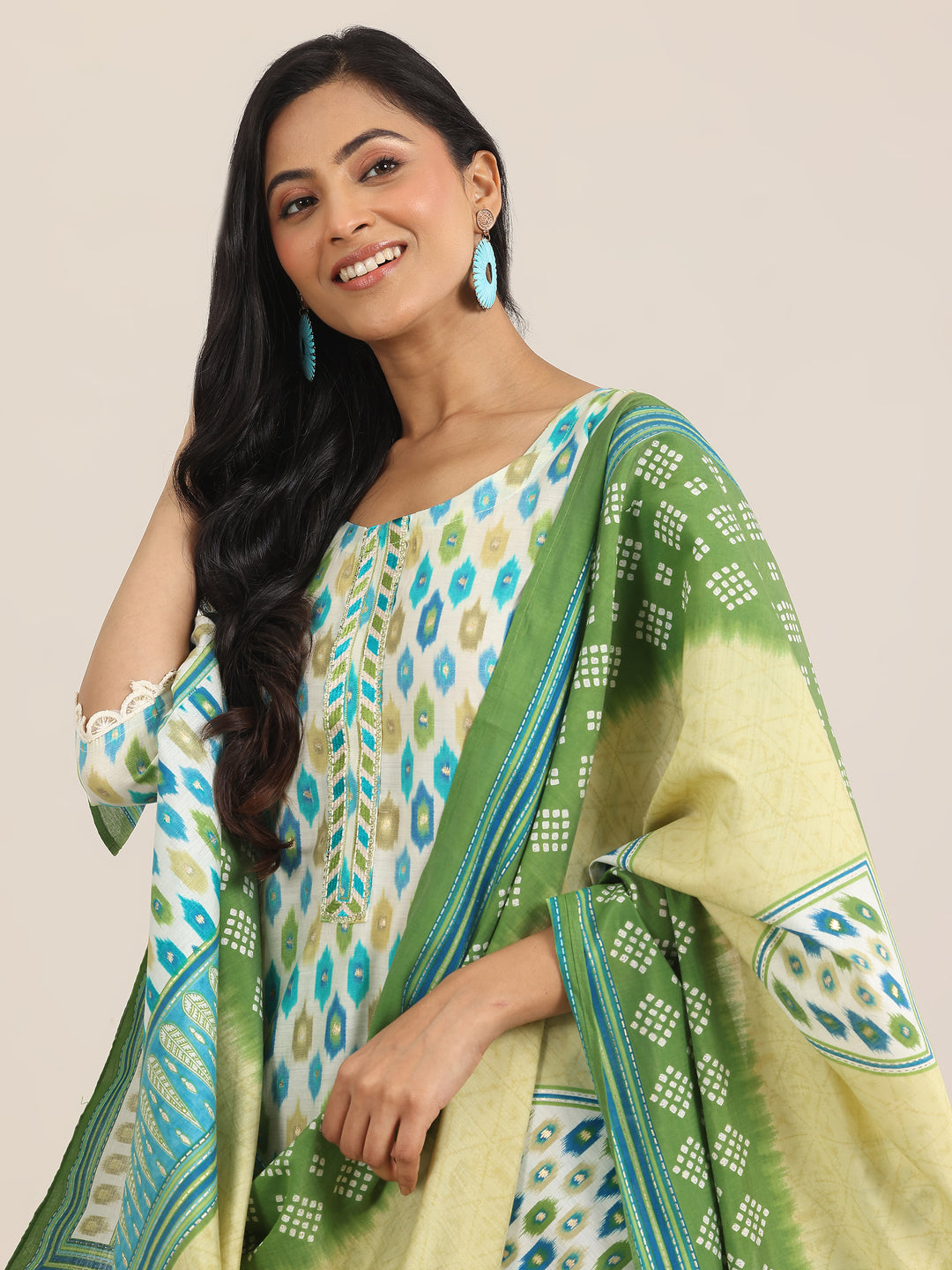  Green Printed Silk Blend Straight Suit With Dupatta 