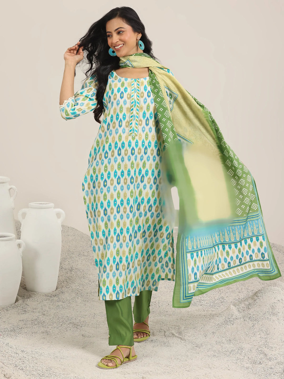  Green Printed Silk Blend Straight Suit With Dupatta 