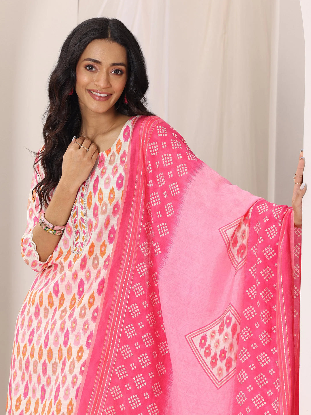  Pink Printed Silk Blend Straight Suit Set With Dupatta 