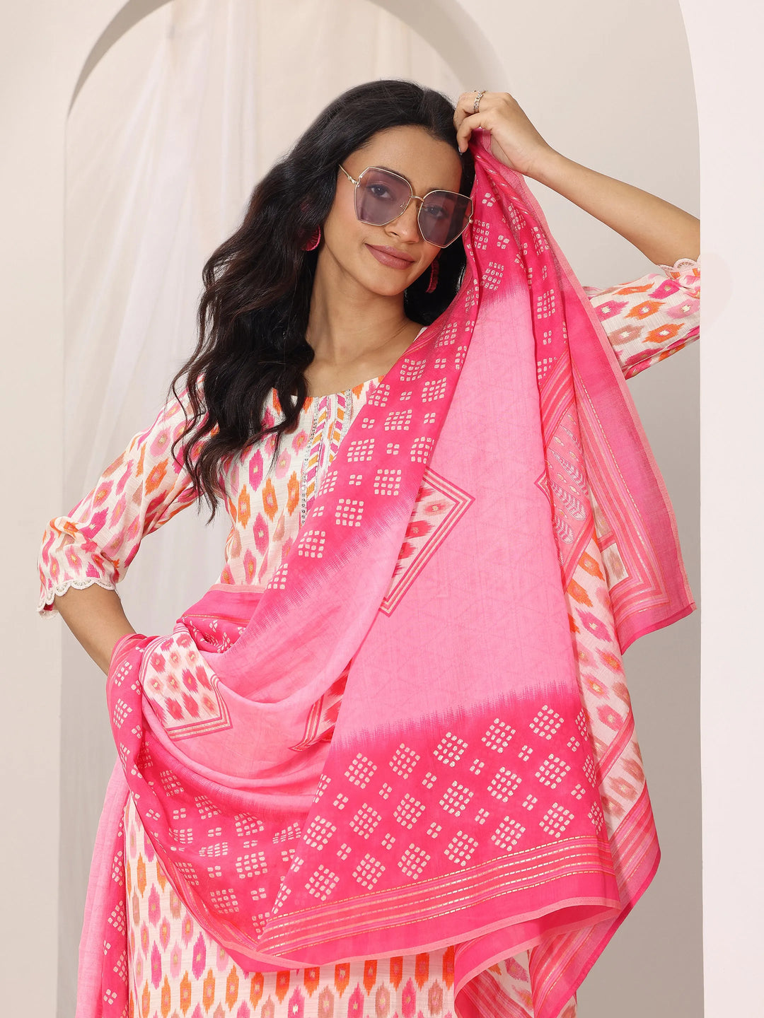  Pink Printed Silk Blend Straight Suit Set With Dupatta 