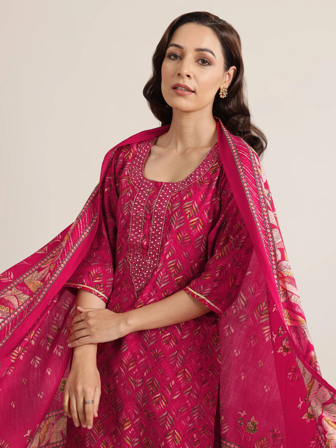  Pink Printed Silk Blend Straight Suit Set With Dupatta 