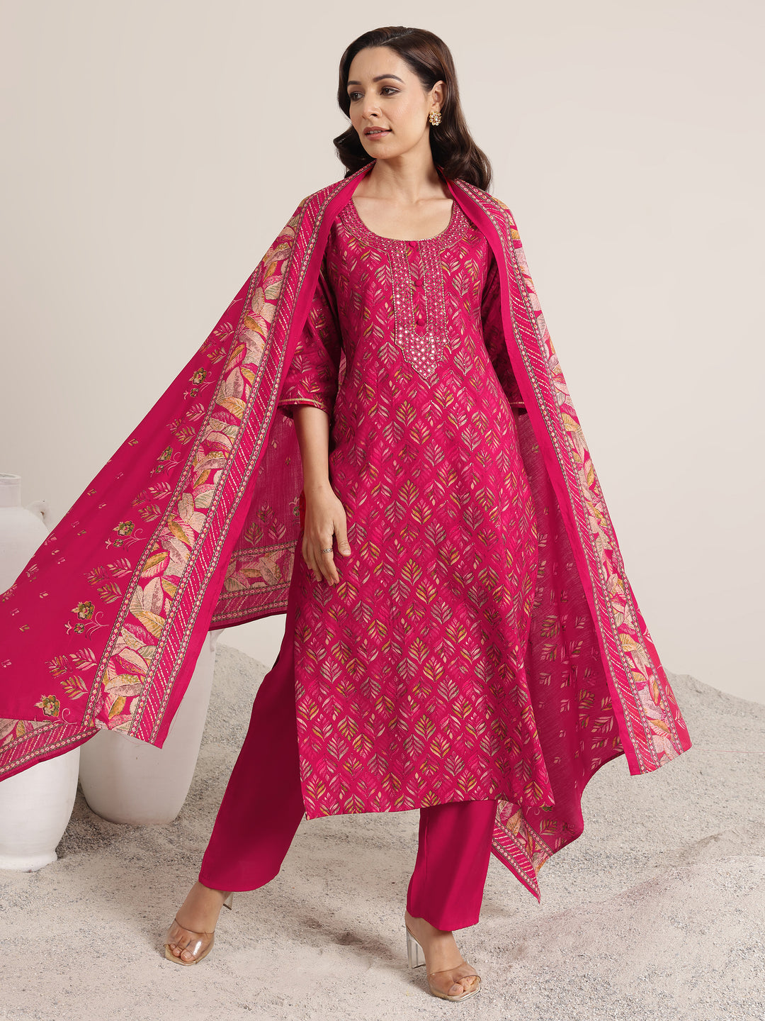  Pink Printed Silk Blend Straight Suit Set With Dupatta 