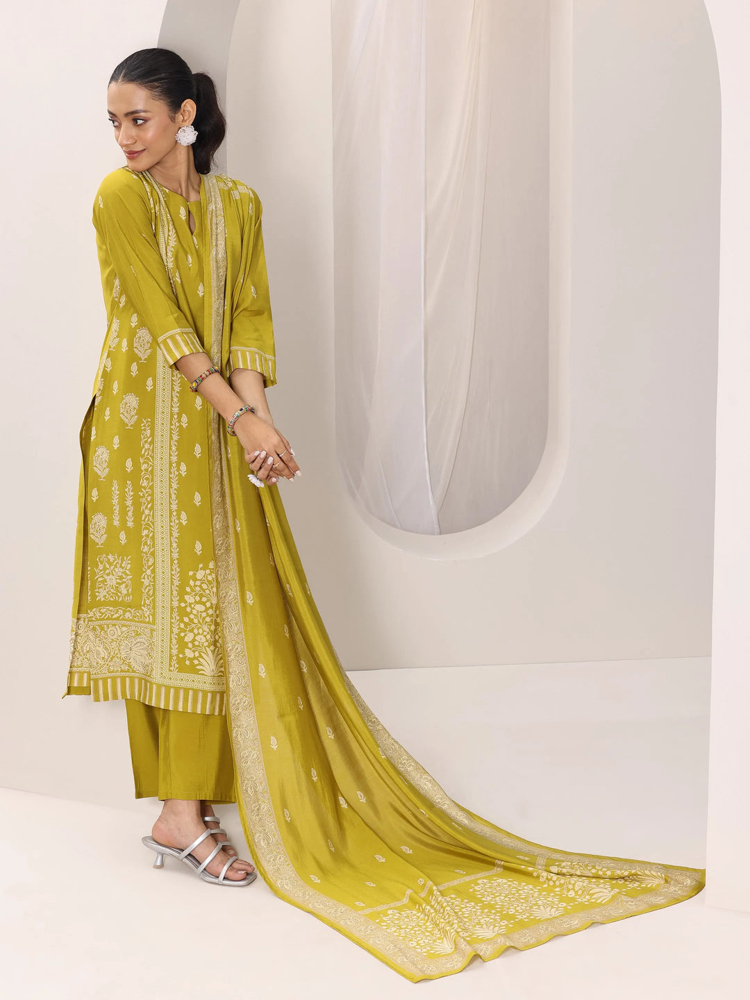  Mustard Printed Silk Blend Straight Suit Set With Dupatta 