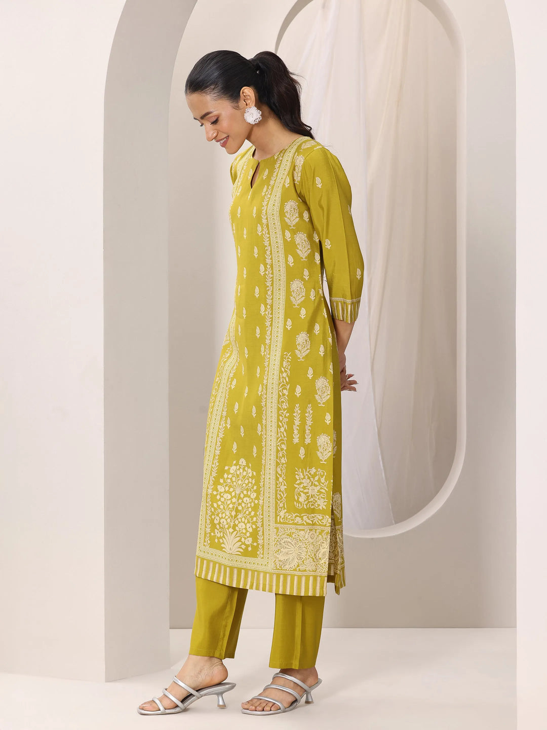  Mustard Printed Silk Blend Straight Suit Set With Dupatta 