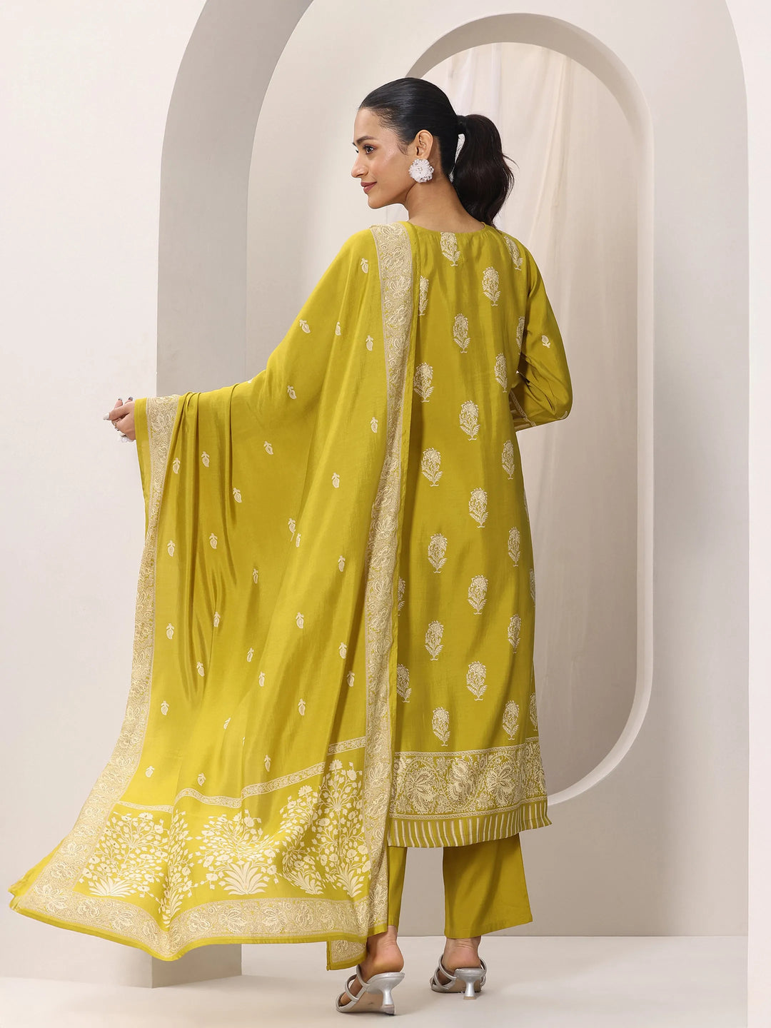  Mustard Printed Silk Blend Straight Suit Set With Dupatta 